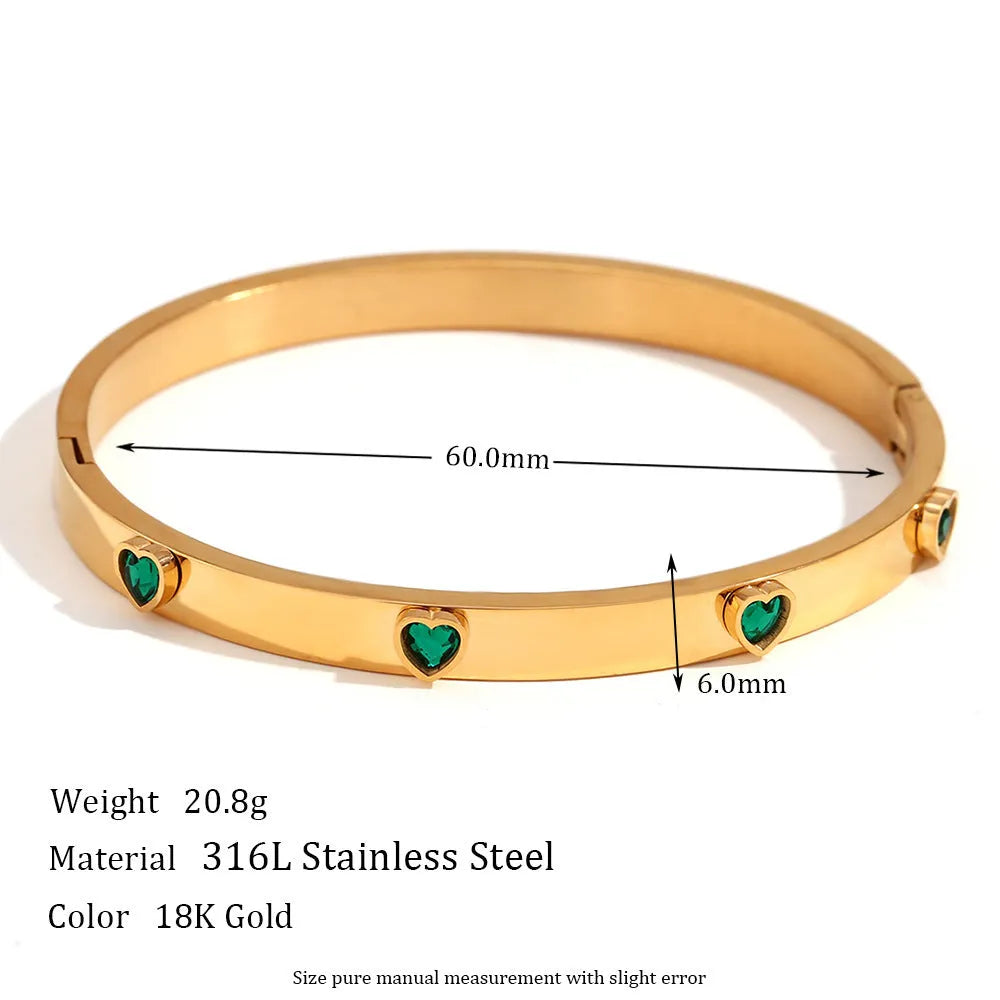 Golden electroplated stainless steel bracelet with micro-inlaid peach heart charm for women