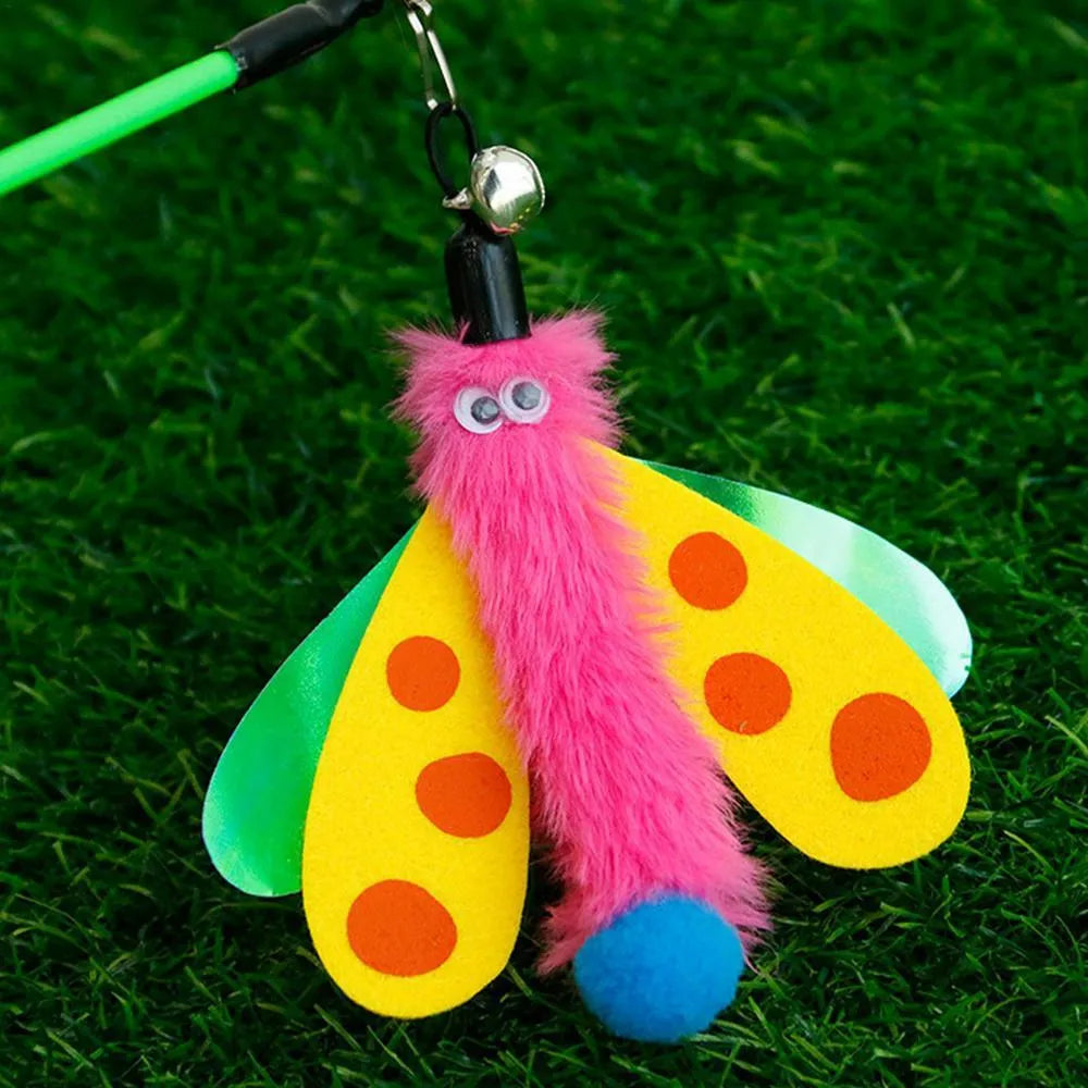 Cat wand toy with dragonfly attachment and bell on 49cm stick