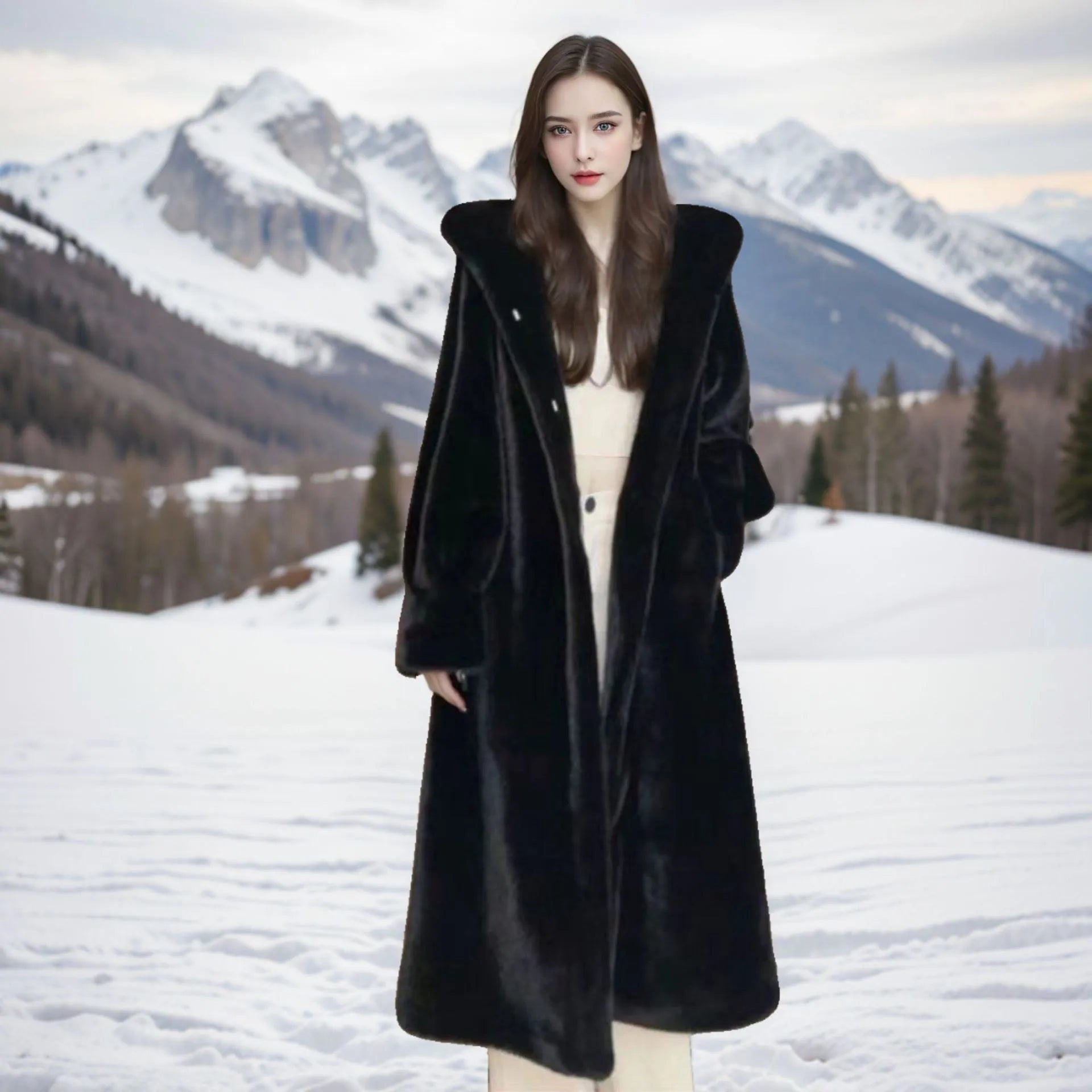 Women's plus size long faux fur coat in brown leopard print pattern with 100cm length