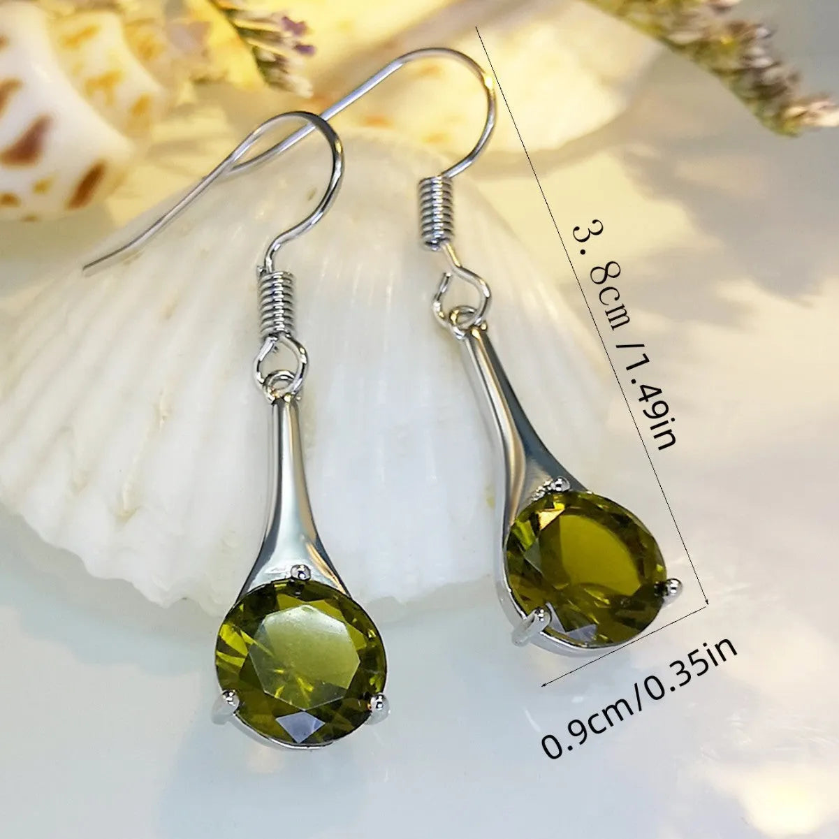 Olive green drop-shaped alloy earrings with minimalist design and electroplated finish
