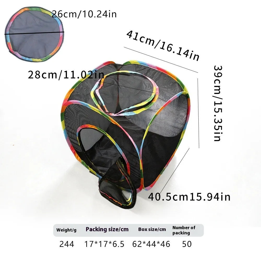 Foldable mesh cat cage pet toy shown in a hexagonal style variant.