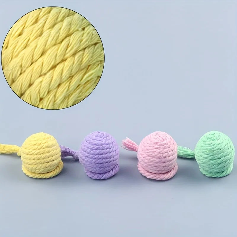 Colourful cat toy ball with rope and bell in green pink purple yellow options