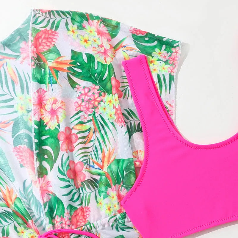 Girls' two-piece floral pattern swimsuit with polyester high elasticity fabric in available sizes