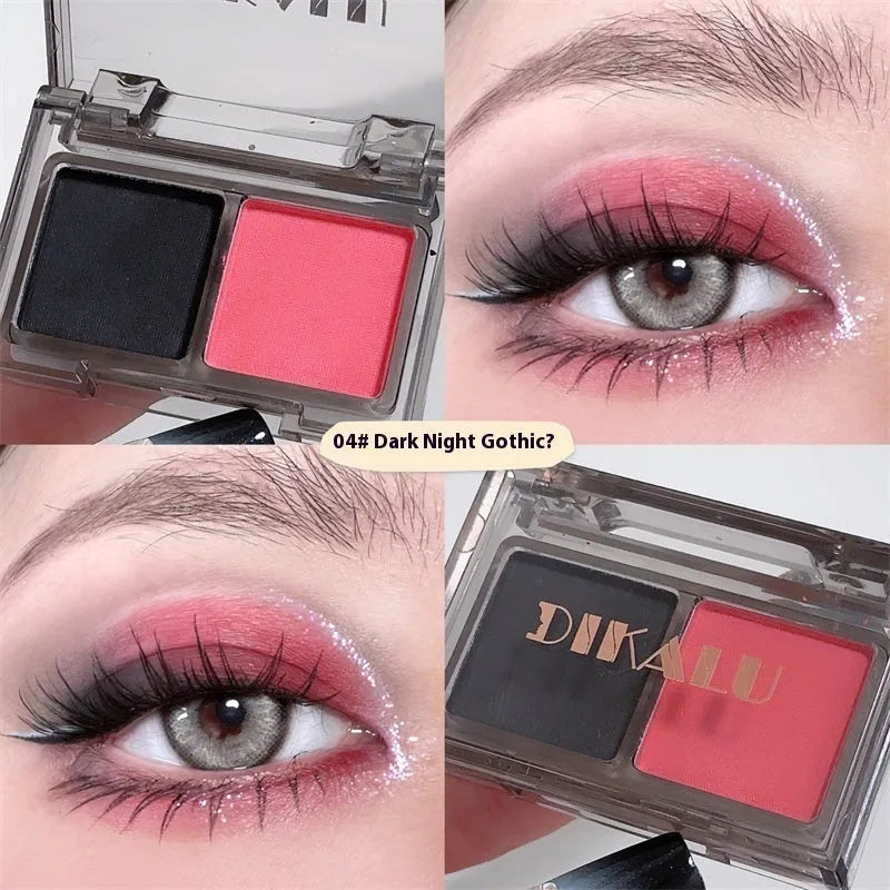 Cool two-tone eyeshadow palette open showing pink and black matte and shimmer shades for punk makeup.