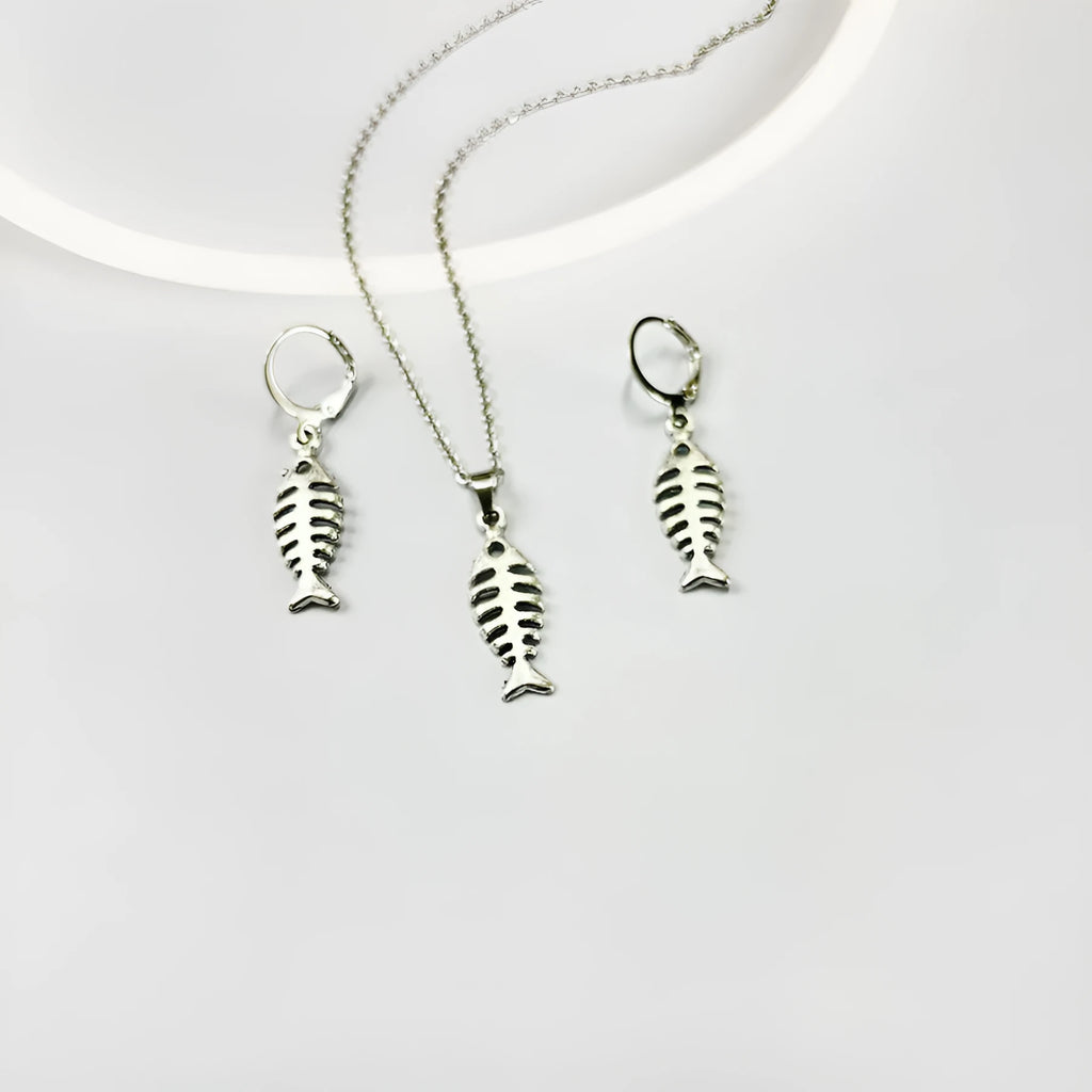 Fishbone pendant earrings and adjustable necklace set in retro alloy jewellery