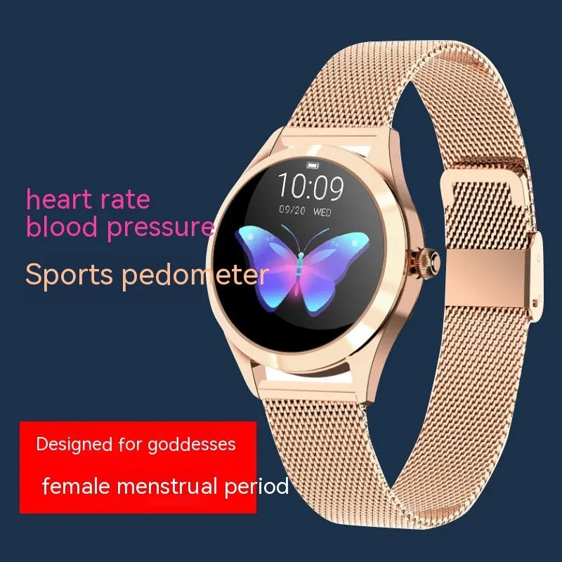Women's smartwatch in black, rose gold, silver, or white with fitness tracking and phone notifications.