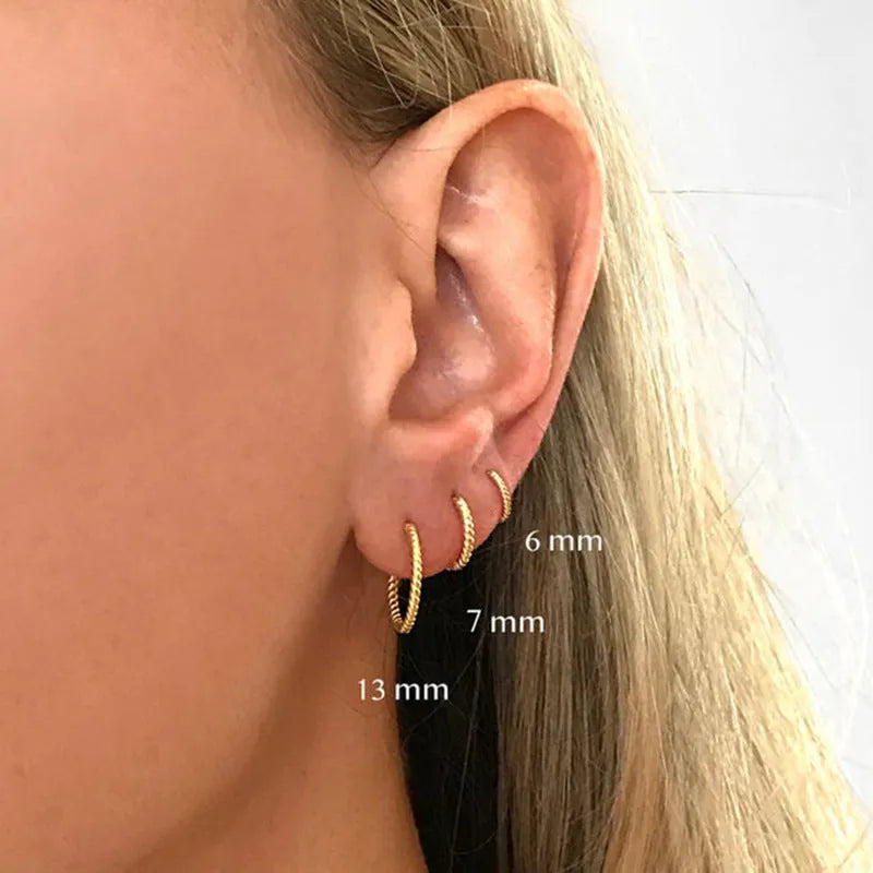 Sterling Silver twisted string round ring earrings in gold or platinum electroplated finishes