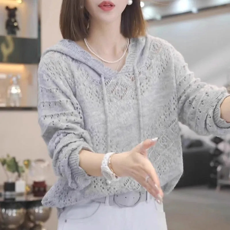 Women's crochet hollow hooded longsuit undershirt in lightweight polyester with long sleeves