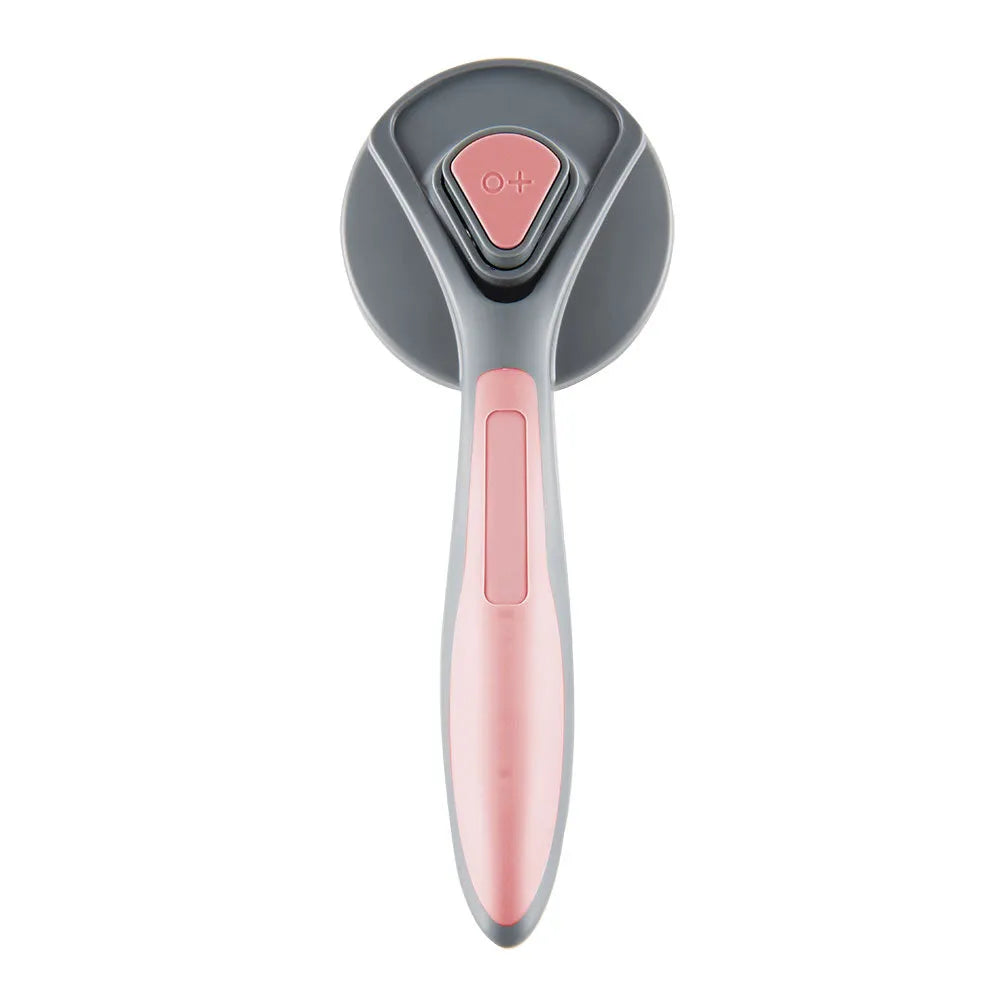 Gray self-cleaning slicker brush for pet grooming with one-click cleaning button on handle