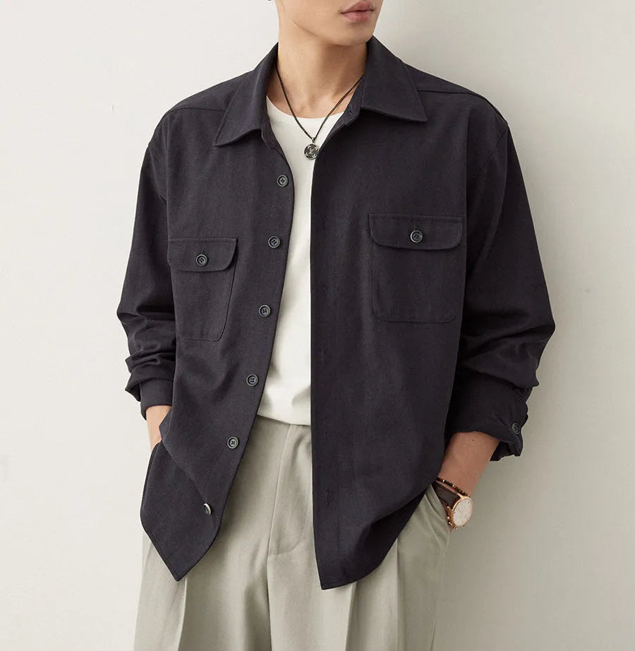 Men's formal shirt with cotton lapel collar in light sand rice colour showing simple profile design