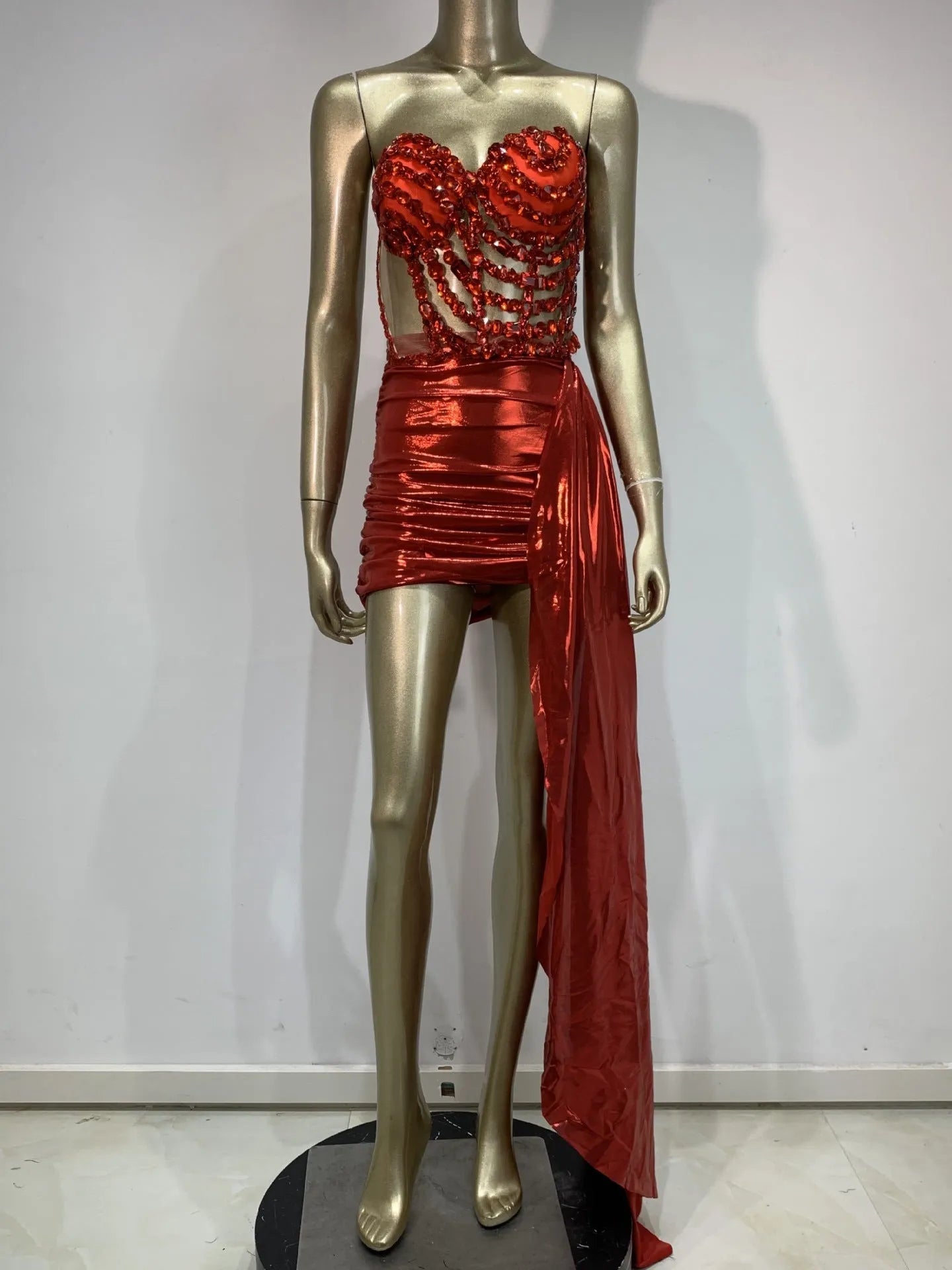 Red spandex skirt suit with hollow mesh see-through design for stage and banquet events