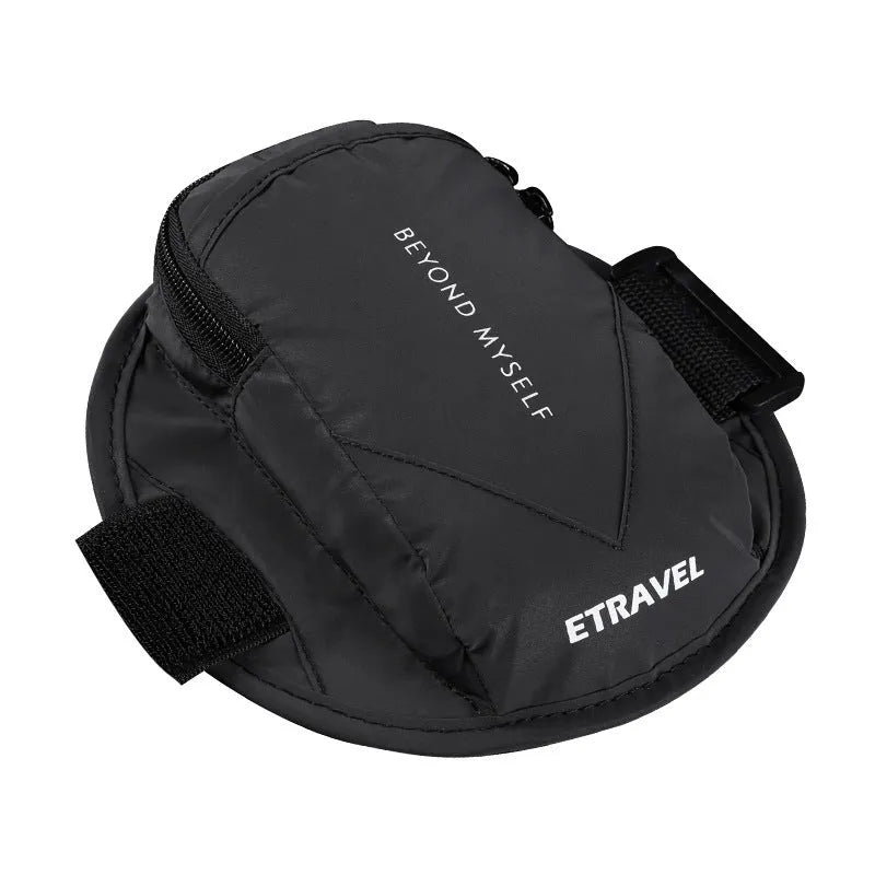 Reflective sports arm bag with strap, shown in fluorescent yellow, black, and silver grey colours.