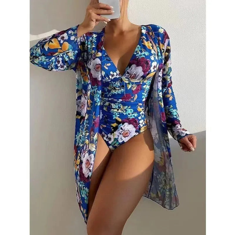 Women's floral patterned tight bikini three-piece suit with coat in seven colour options