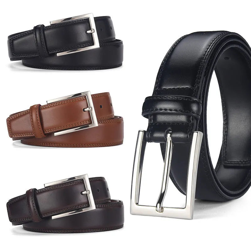 Men's black leather belt with an alloy pin buckle on a white background