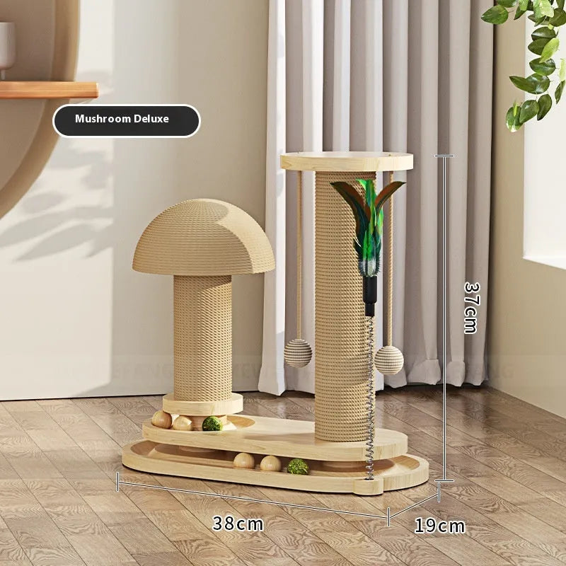 Solid wood cat scratching post with turntable climbing frame in multiple design variations