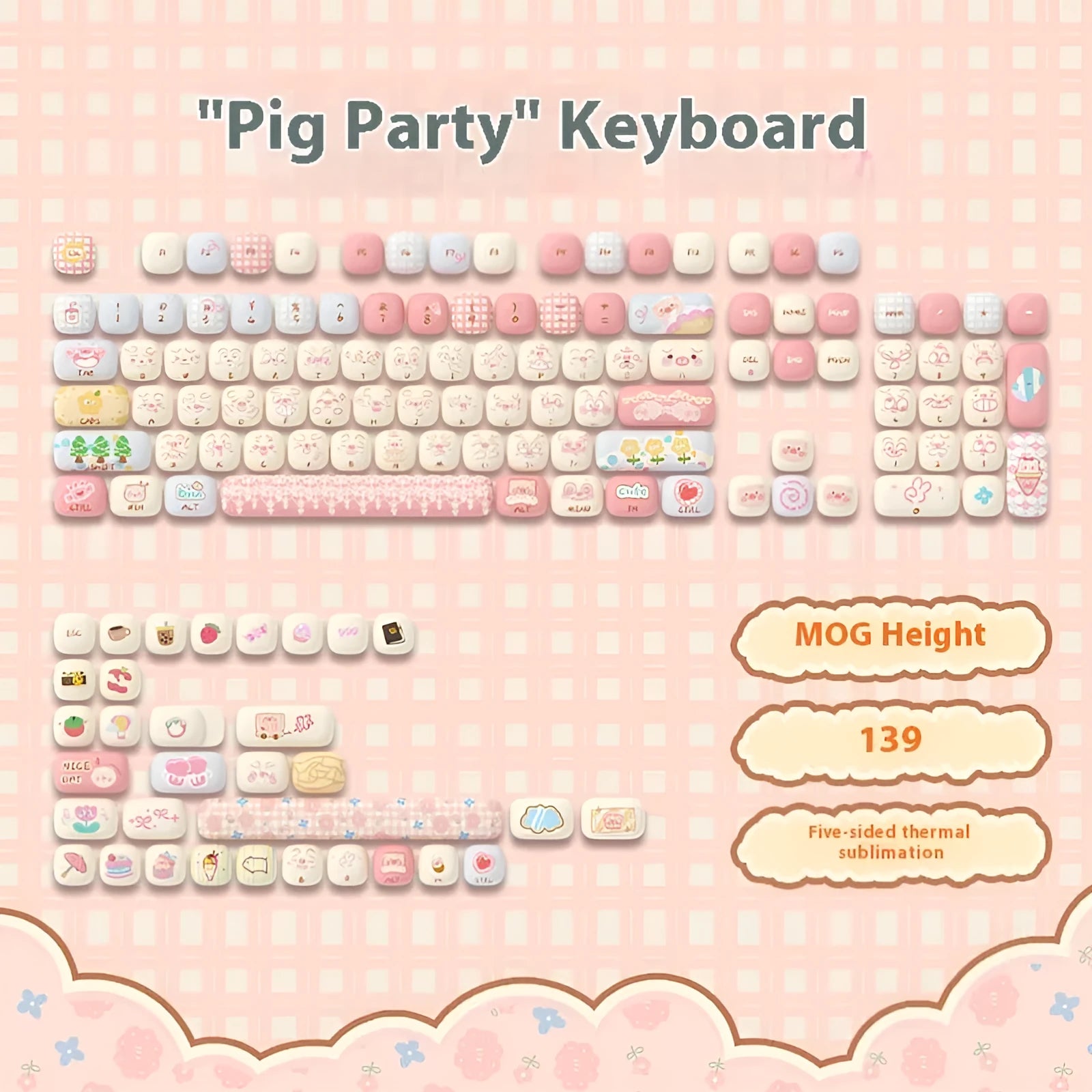 Sublimation printed cartoon theme keycap set for mechanical keyboard with pig party and capybara designs