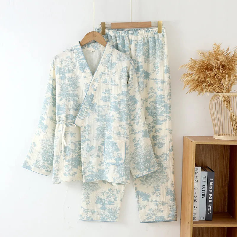 Women's cotton gauze lounge suit set with top and trousers in frosted pine tree colour