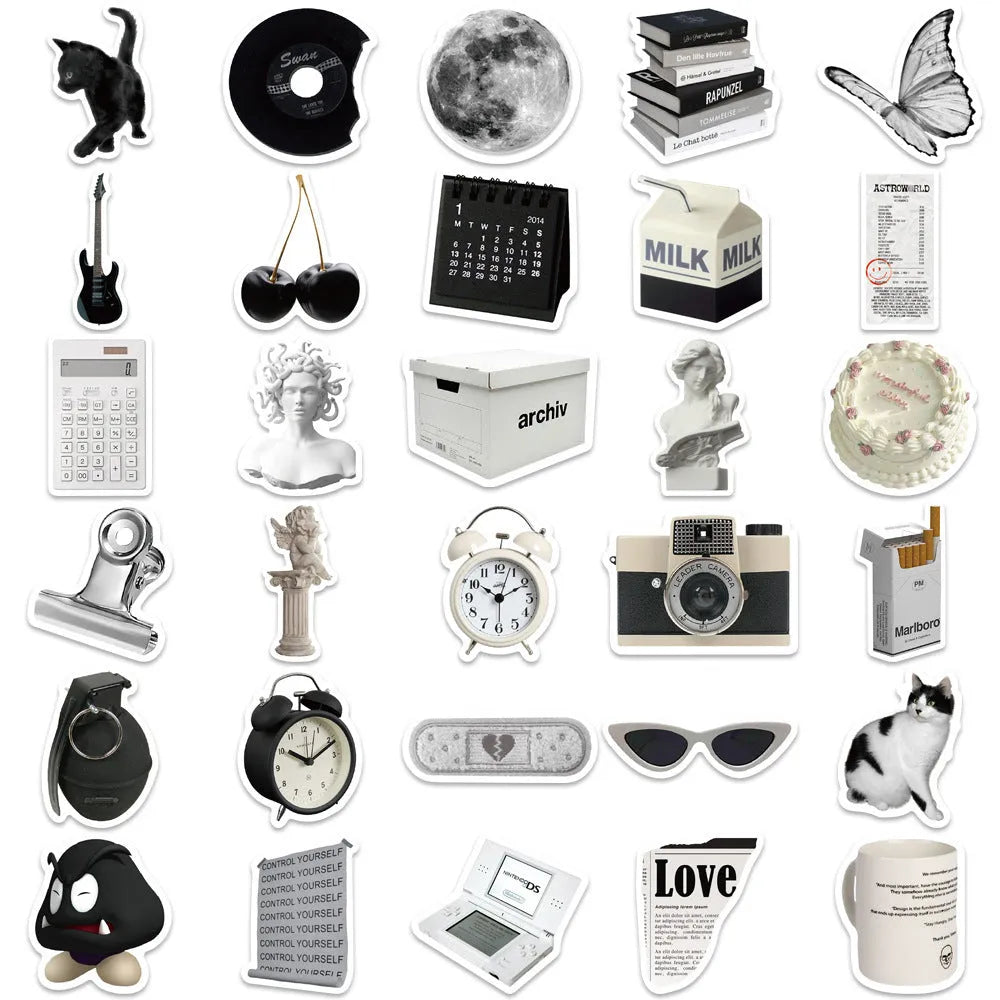 Black and white sticker set with 61 pieces, PVC waterproof material for laptops and cups