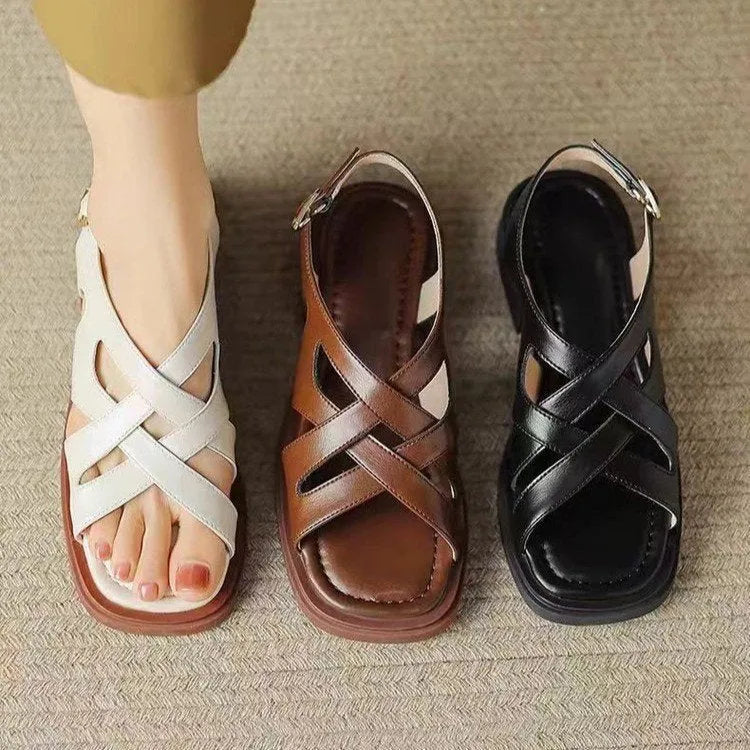 Women's glossy patent leather square toe sandals with cross straps in three colour options