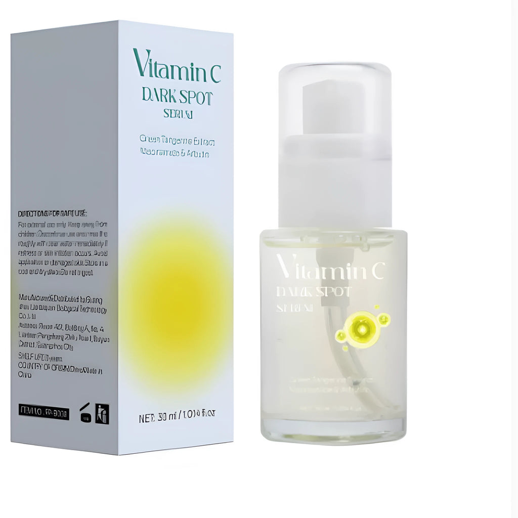 30ml bottle of Vitamin C facial essence serum with a pump dispenser for spot treatment.
