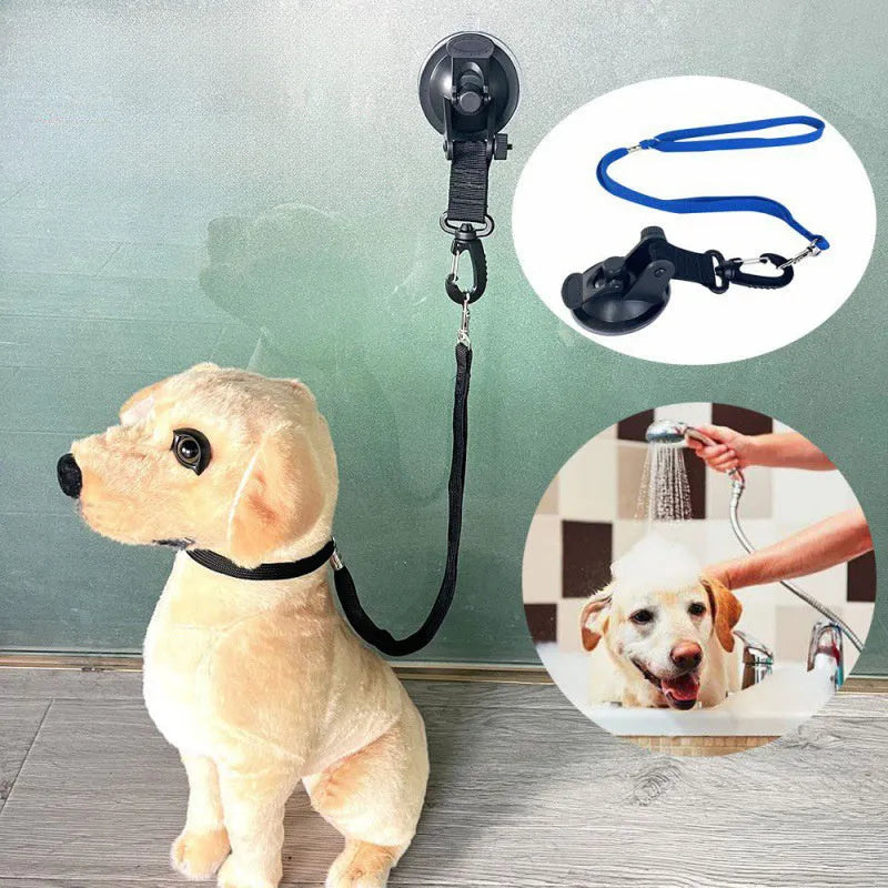 Pet bathing restraint kit with suction cups, traction rope, and handcuffs in black or blue.