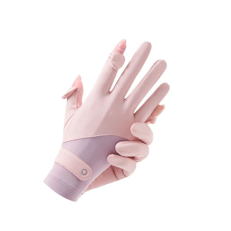 Women's thin ice silk nylon sunscreen gloves with UPF50+ protection in various colours.