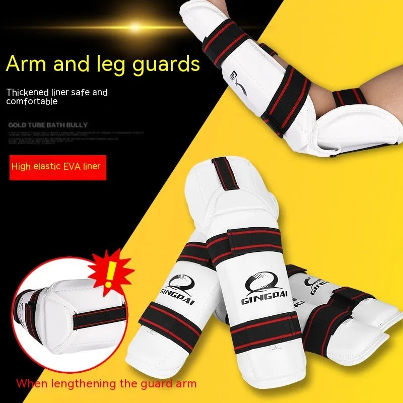 Taekwondo protective gear set showing arm guard, elbow guard and leg protector in PU EVA material