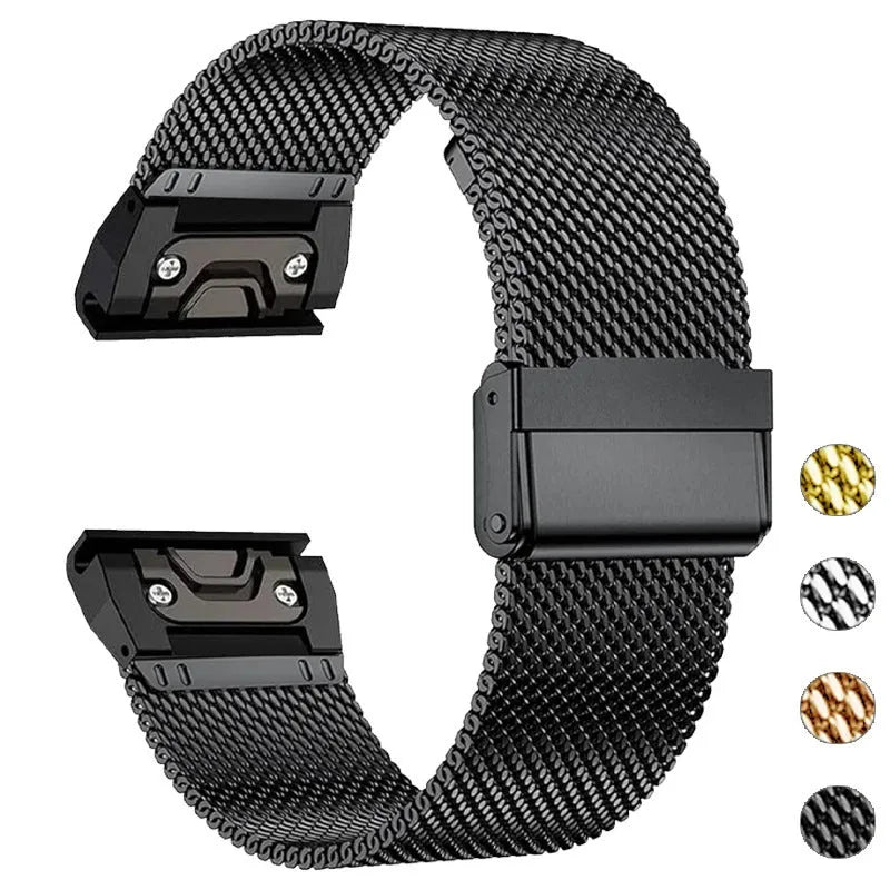 Stainless steel card holder watch strap for Garmin Fenix smartwatch in silver finish.