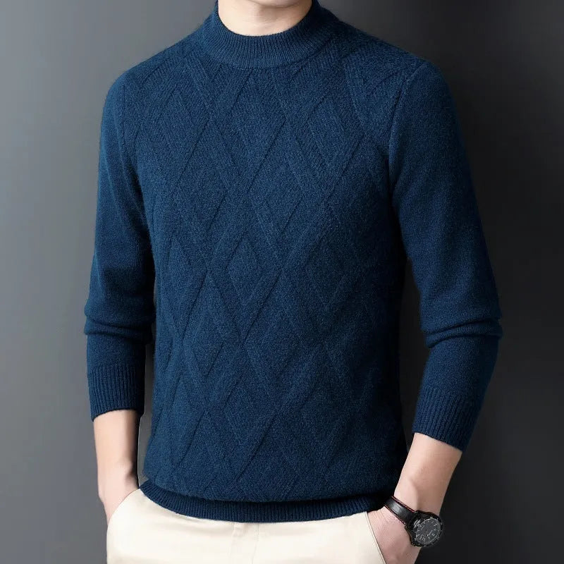 Men's winter thermal plus size sweater in wool blend with diamond jacquard texture