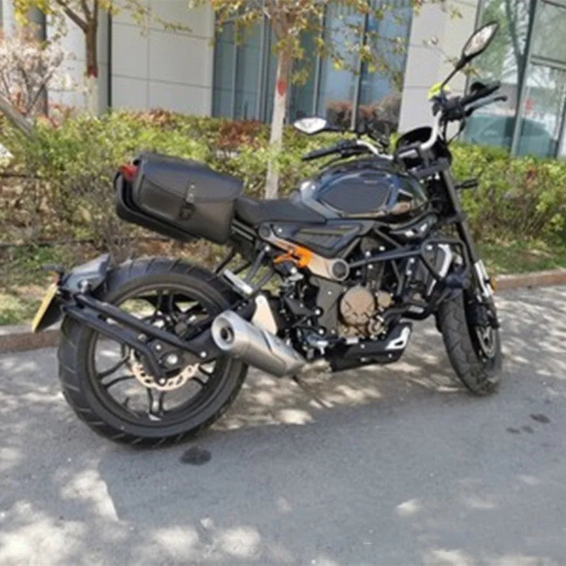 Black PU leather motorcycle swingarm saddlebag mounted on Harley Sportster with dimensions 30x24x20cm
