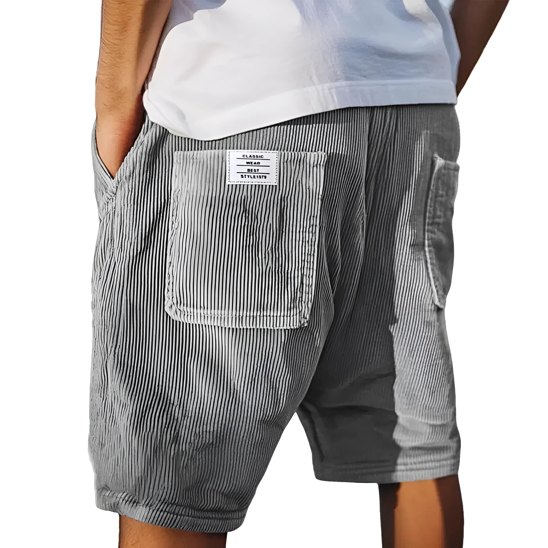Men's straight-leg corduroy shorts with multi-pockets and embroidery detail in various colours