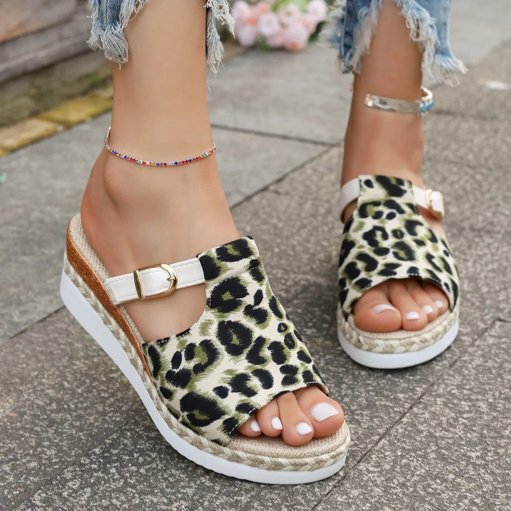 Leopard print wedge platform sandals with fish mouth toe bracket in light green.