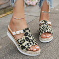 Leopard print wedge platform sandals with fish mouth toe bracket in light green.