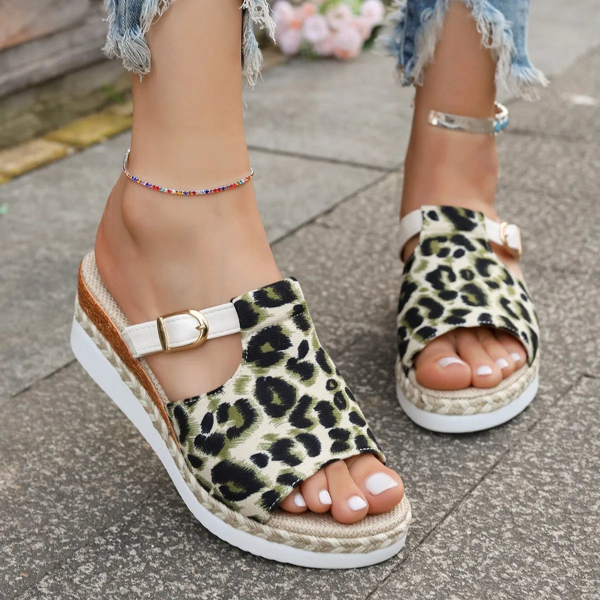 Leopard print wedge platform sandals with fish mouth toe bracket in light green.