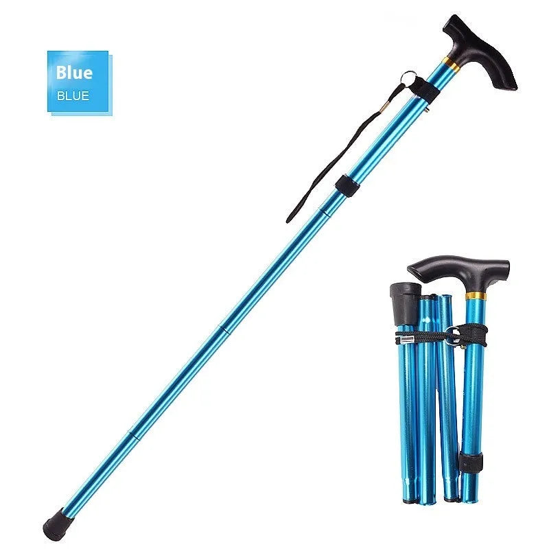 Aluminium folding walking stick extended to show adjustable length and non-slip rubber tip.