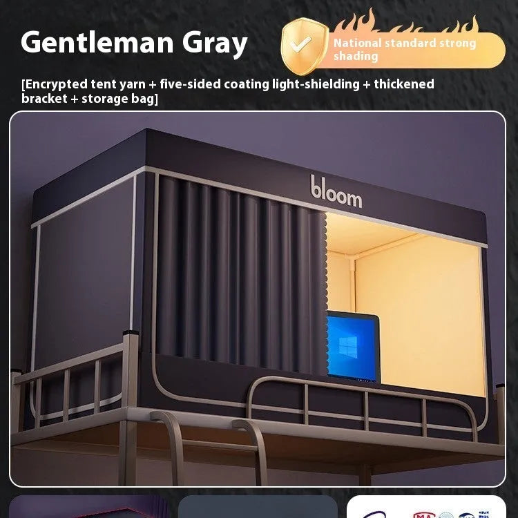 Grey integrated mosquito net and bed curtain set for a 0.9 metre bed with strong light blocking sides.