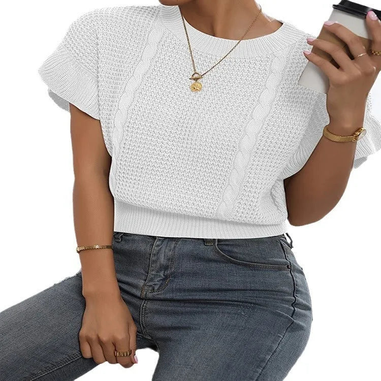 Twisted string detail and ruffled short sleeves on a loose-fit round neck knitted pullover sweater.