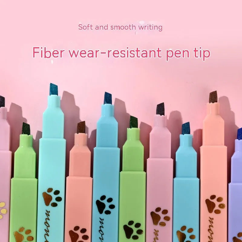 Cat's Paw set of six fluorescent marking pens with oblique heads in assorted colours