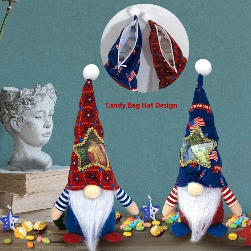 Two cloth Rudolf faceless baby doll Christmas ornaments with candy bag design