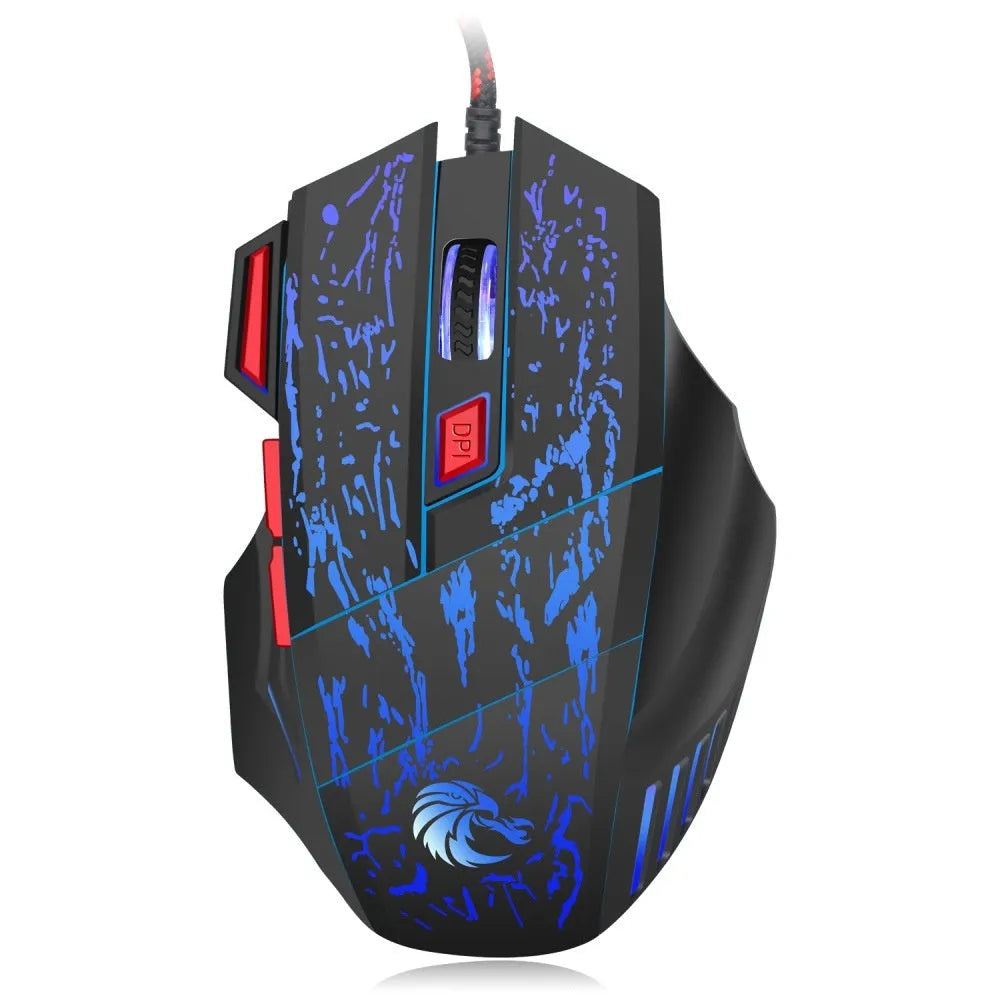 Black gaming mouse with luminous water crack pattern design, USB cable, and ergonomic shape