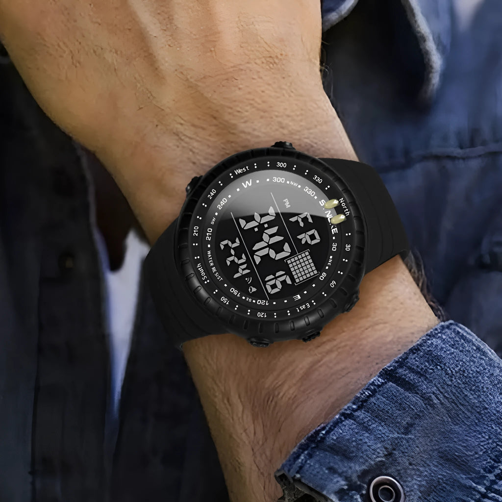 Black waterproof electronic outdoor watch with plastic case and PU strap showing 54.74mm dial