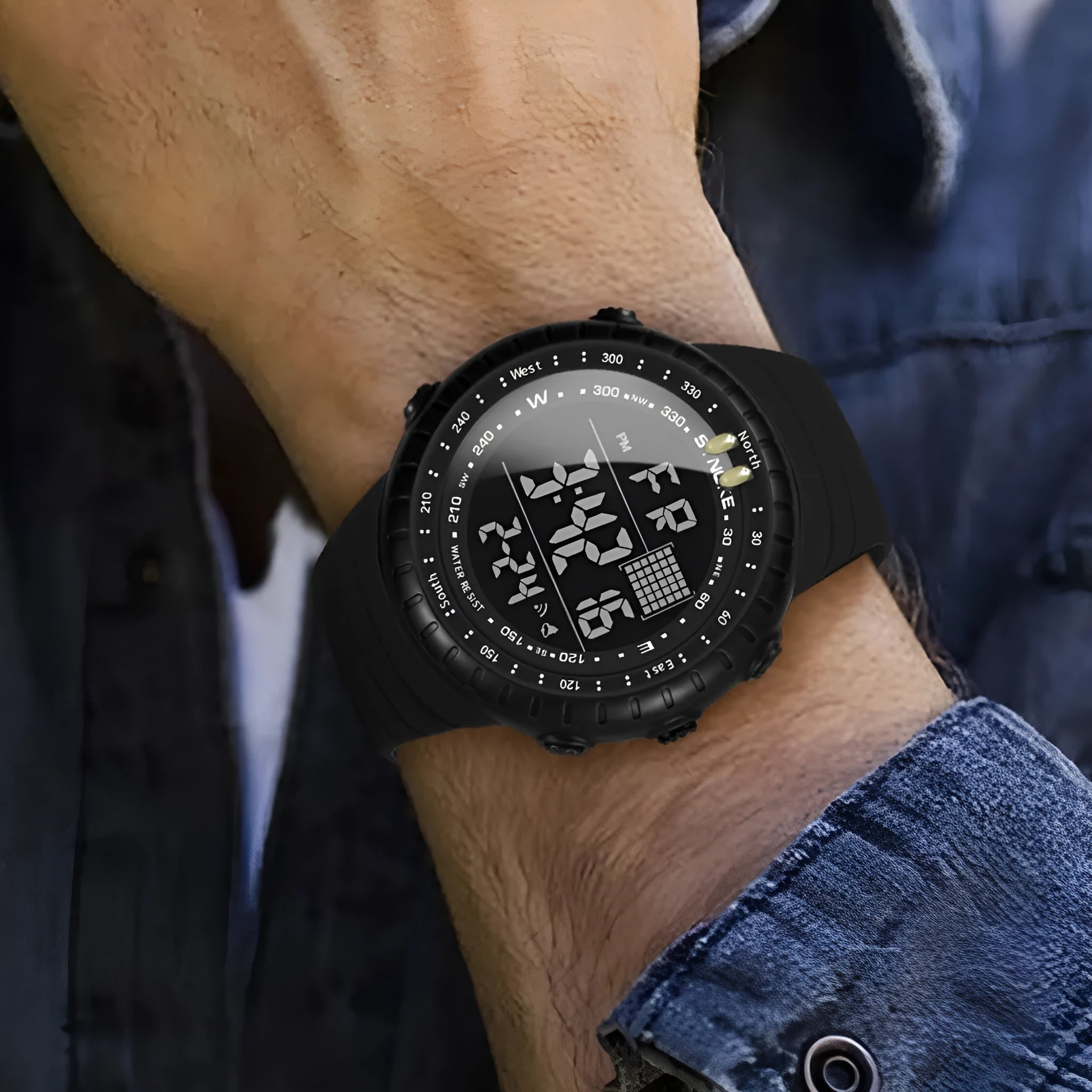 Black waterproof electronic outdoor watch with plastic case and PU strap showing 54.74mm dial