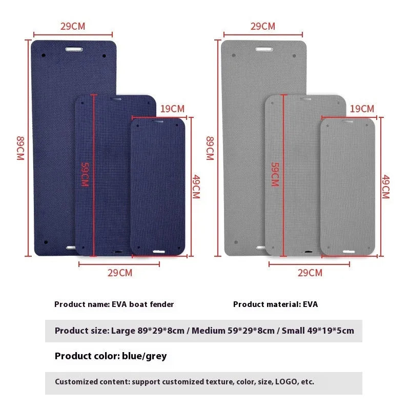 Blue and grey EVA marine fenders showing two size options for boat hull protection