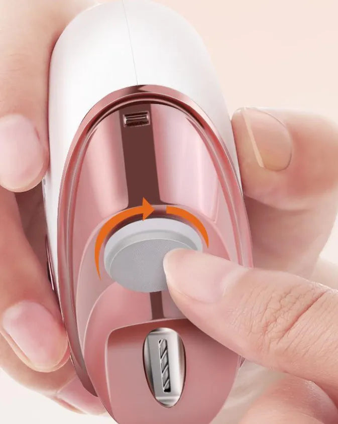 Blue electric nail clipper and polisher two-in-one tool with USB-C charging cable and cleaning brush