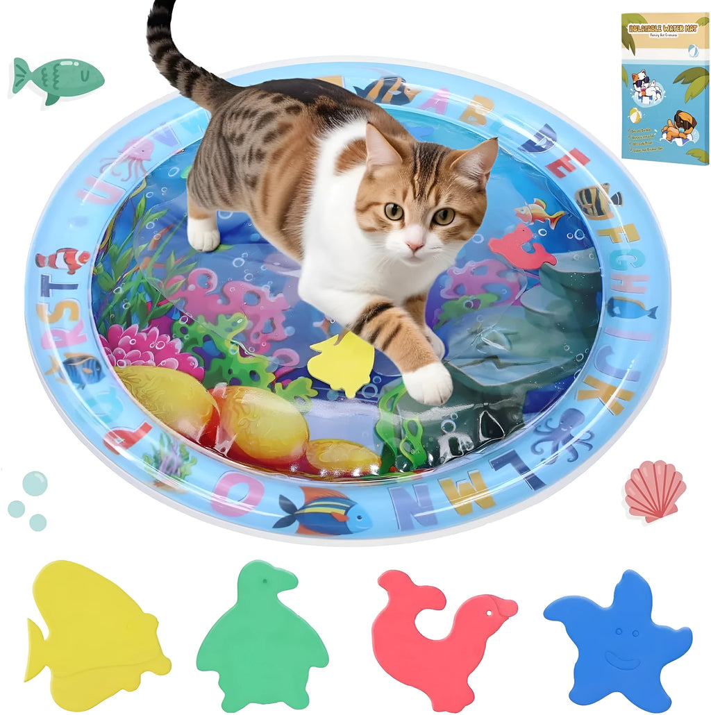 Square cat water playmat with ocean fish design and floating toys on blue PVC surface