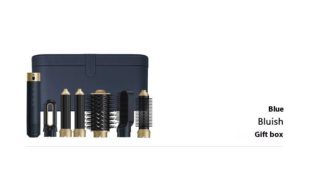 Six-in-one hot air styling comb with multiple attachments in dark blue or white with leather case