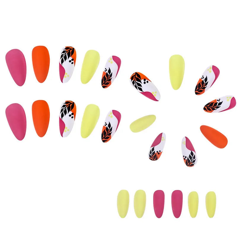 Almond-shaped nail stickers with tulip patterns in French leaves, macaron, leopard print, and plating designs