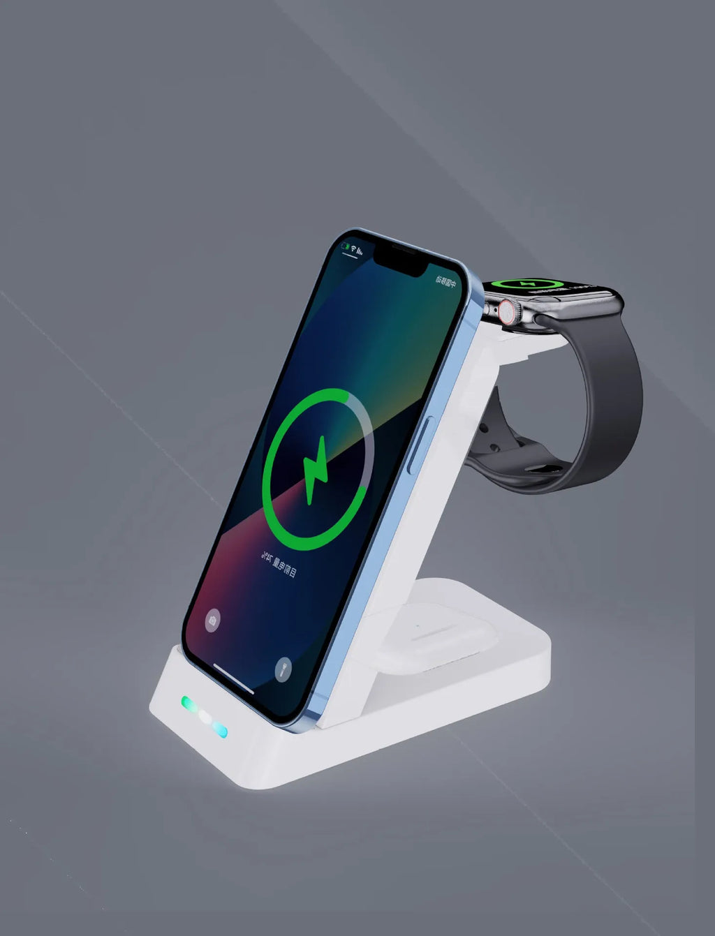 Black 3-in-1 wireless charging station holding a phone, AirPods case and Apple Watch on a desk.