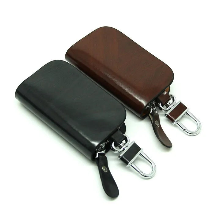 Genuine V-grain cowhide leather car key case in black or brown colour with frosted finish