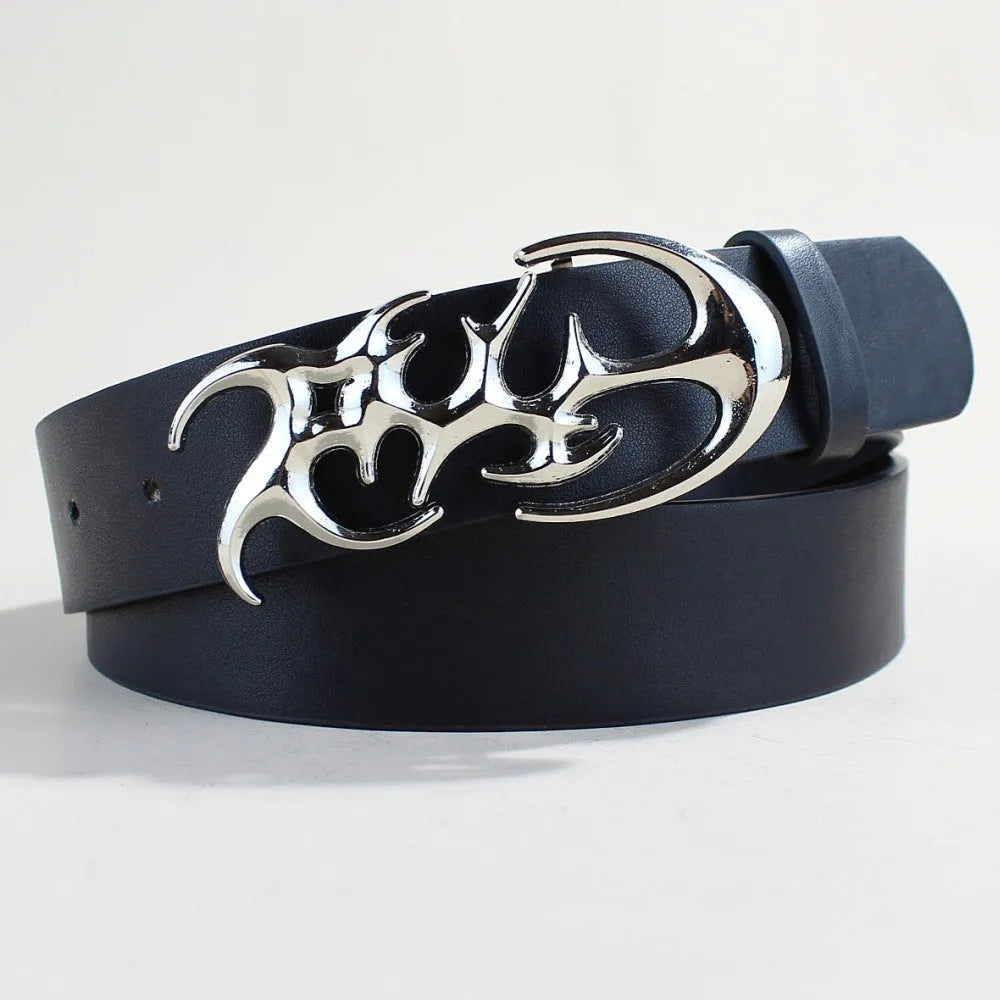 Silver buckle on a 105cm long, 3.3cm wide PU leather casual belt.